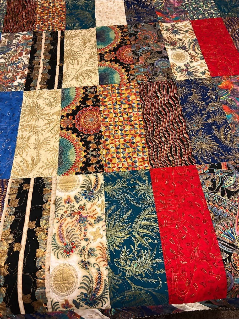 ONE OF A KIND- HANDCRAFTED Quilt W/Pharaoh Stiches, Multicolor Metallic